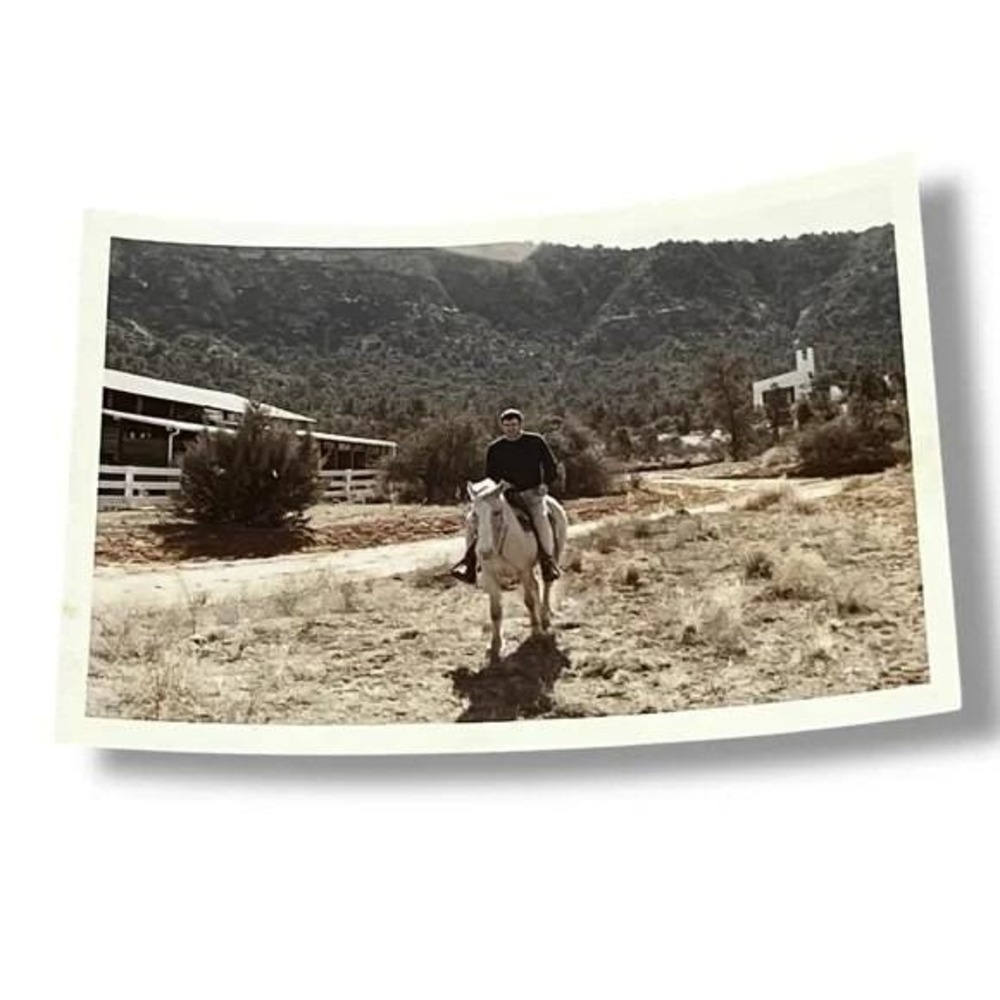 Man on Horse at Ranch in Southwest 1966 Vintage Found Photo DBX